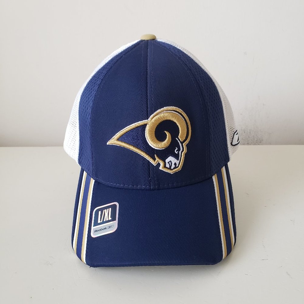 St. Louis Rams Hat Cap Fitted Stretch L/XL Blue White Reebok NFL Deadstock NWT